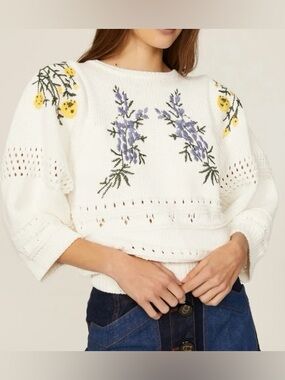 ba&sh Miro embroidered floral puff sleeve knit sweater